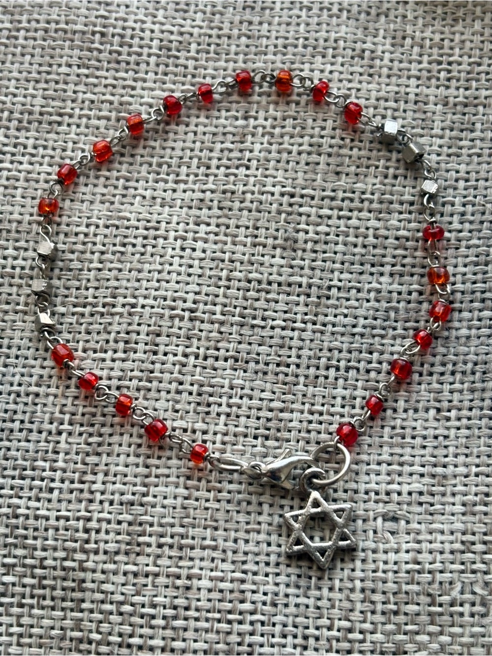 Silver Star of David Charm Red Bead Bracelet